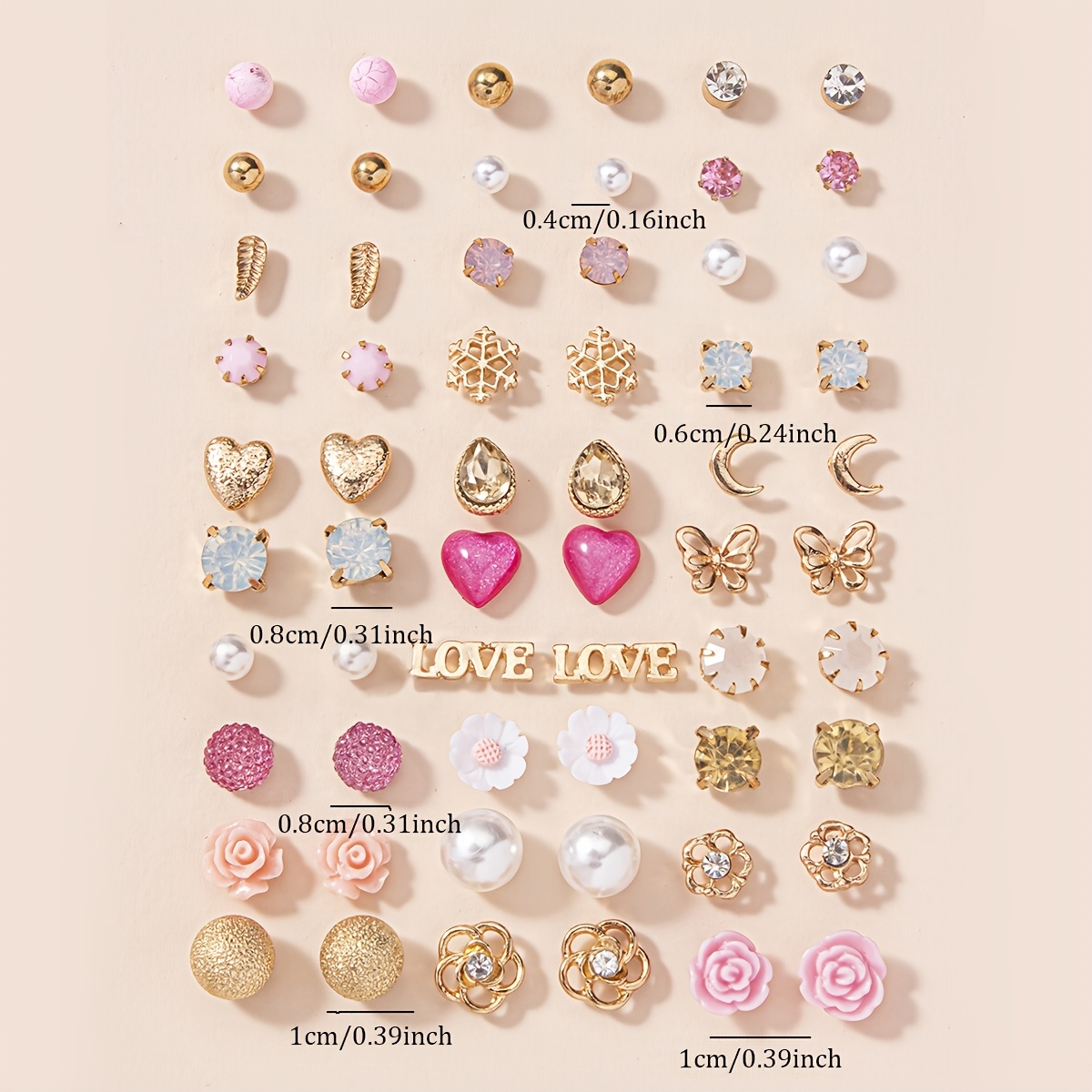 60pcs Rose Flower & Rhinestone Earrings Set, Women's Ear Studs